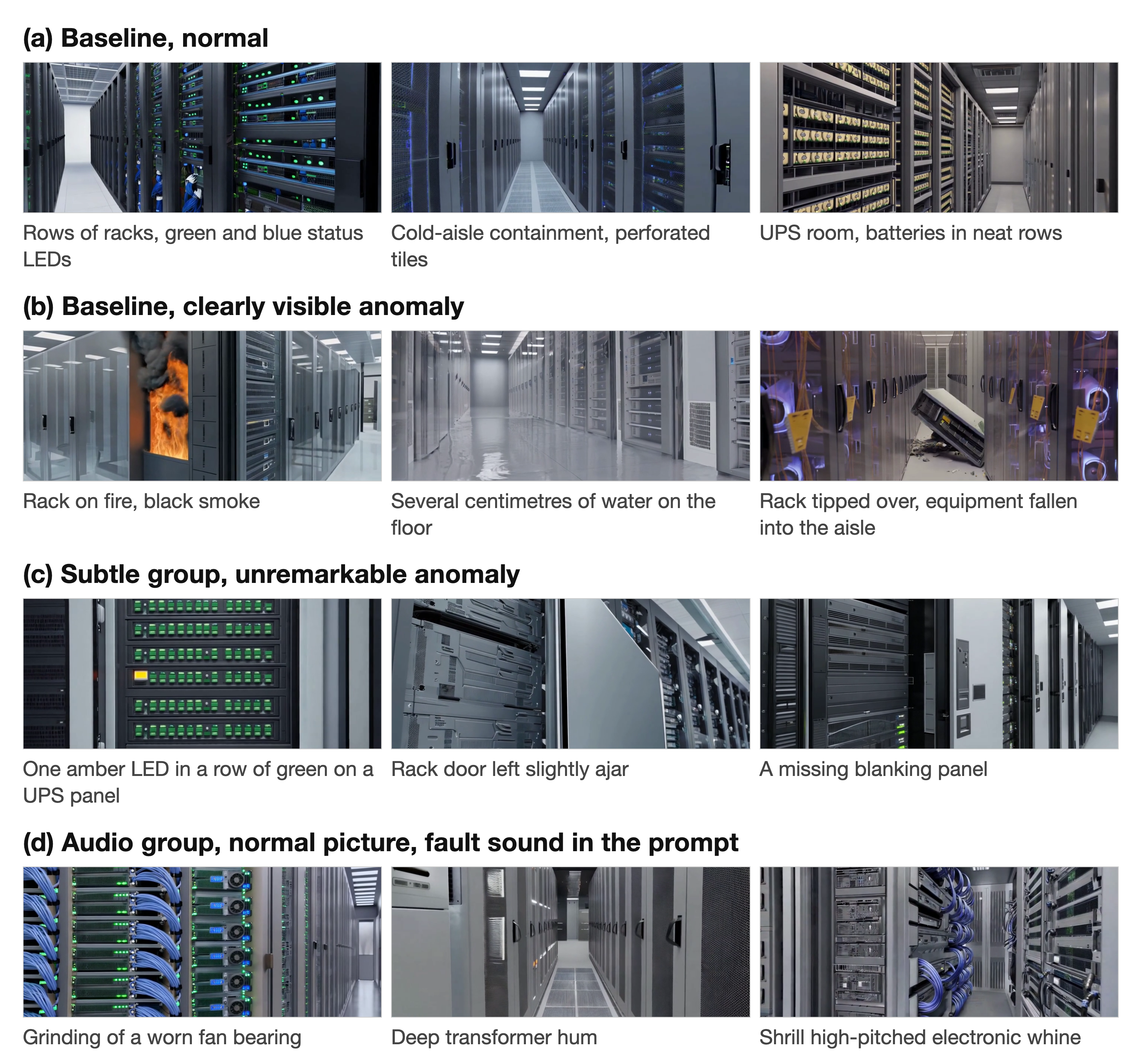 Generated frames from the three groups: baseline normal and clearly visible anomalies, subtle unremarkable anomalies, and audio-group clips with a normal picture but a fault sound in the prompt