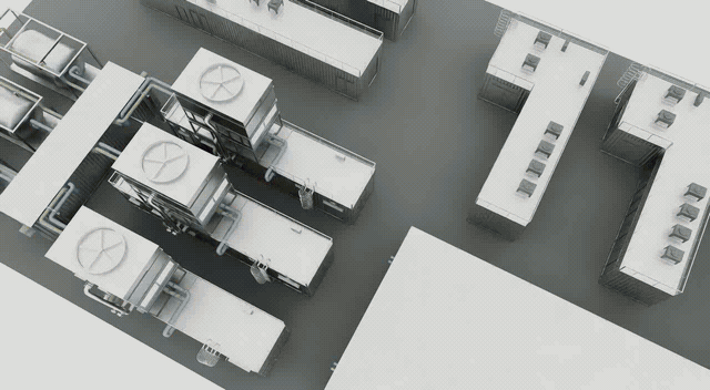 工業設施頂部的 3D 渲染圖，顯示排列整齊的空調冷卻系統與通風設備管道。