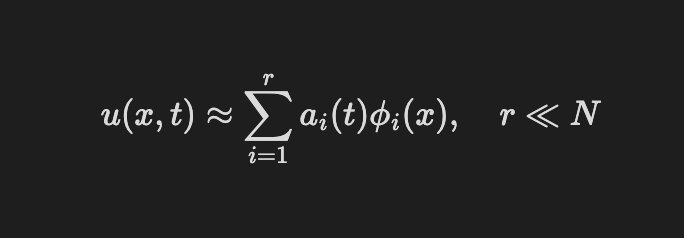 顯示函數 u(x, t) 近似為基函數 phi_i(x) 與係數 a_i(t) 之連加和的數學公式，且 r 遠小於 N。