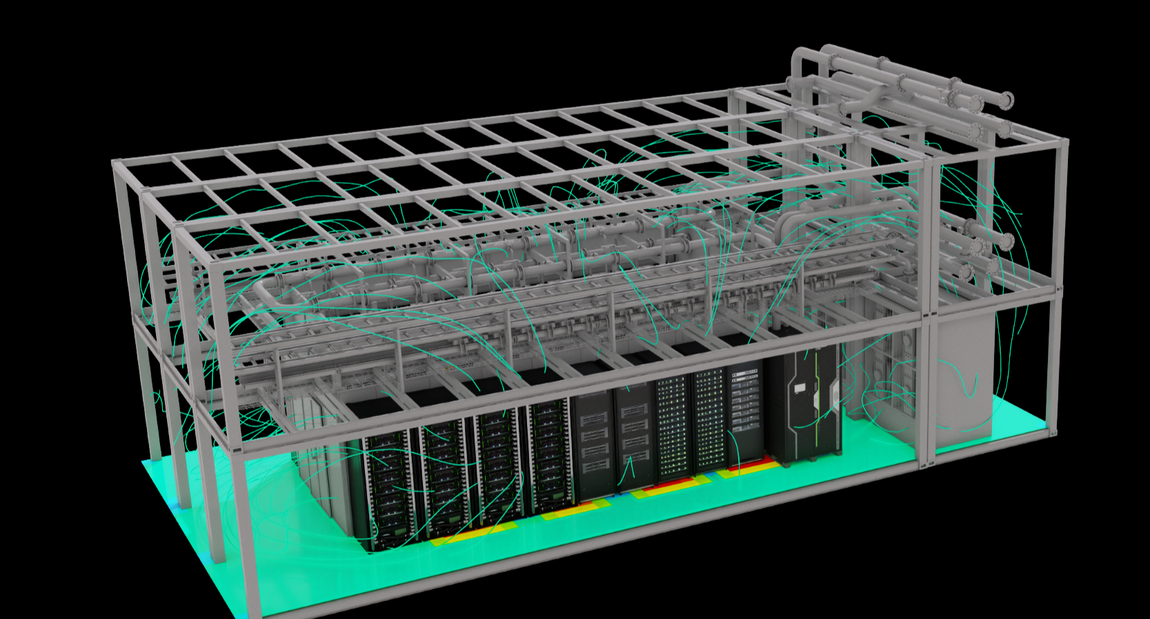 圖 2：Agaruda data center 貨櫃內部 CFD 模擬。來源： Agaruda DC 於 Cadence Reality Digital Twin Platform 模擬，於 NVIDIA Omniverse 呈現。