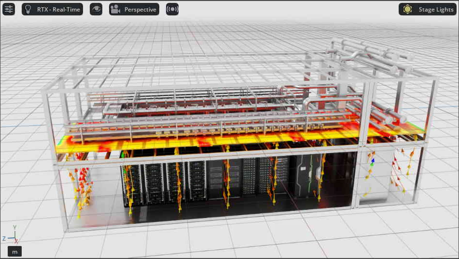 數據中心機架與冷卻系統的 3D 數位孿生模型，顯示熱分佈雲圖與氣流模擬。